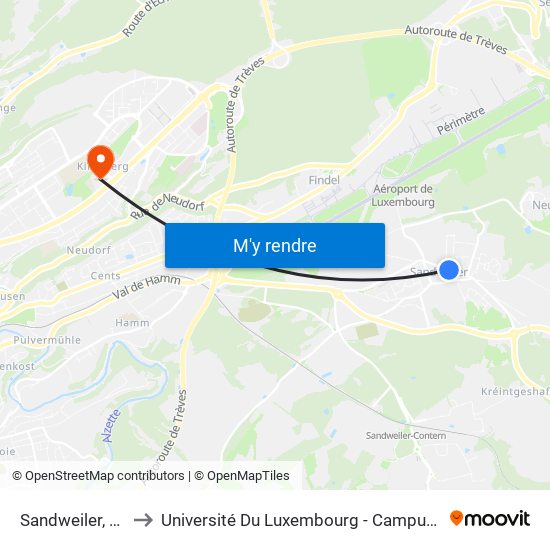 Sandweiler, Kiirch to Université Du Luxembourg - Campus Kirchberg map