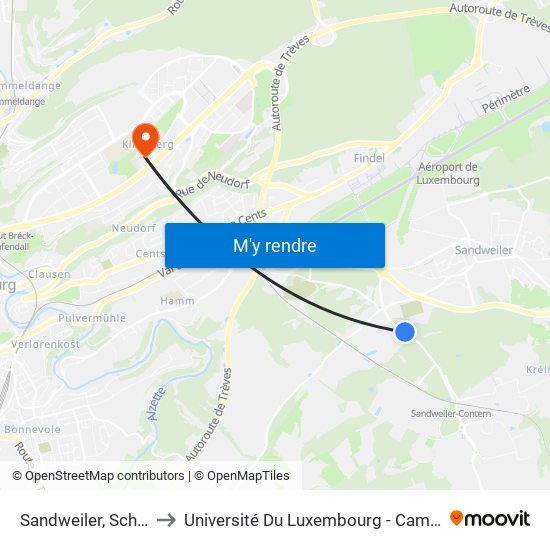 Sandweiler, Schaedhaff to Université Du Luxembourg - Campus Kirchberg map