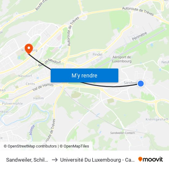 Sandweiler, Schiltzperdgen to Université Du Luxembourg - Campus Kirchberg map