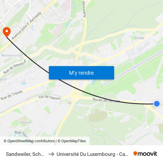 Sandweiler, Scheedbësch to Université Du Luxembourg - Campus Kirchberg map