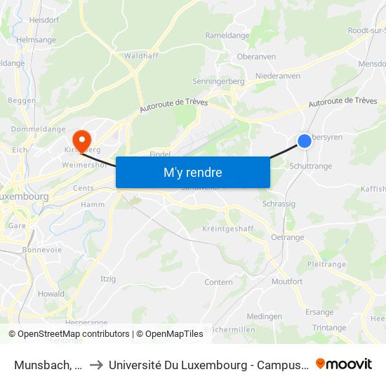 Munsbach, Gare to Université Du Luxembourg - Campus Kirchberg map