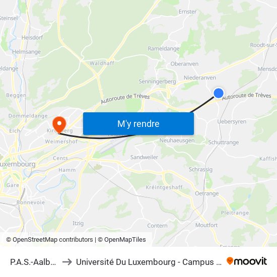 P.A.S.-Aalbaach to Université Du Luxembourg - Campus Kirchberg map