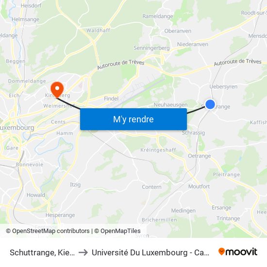 Schuttrange, Kiercheplaz to Université Du Luxembourg - Campus Kirchberg map