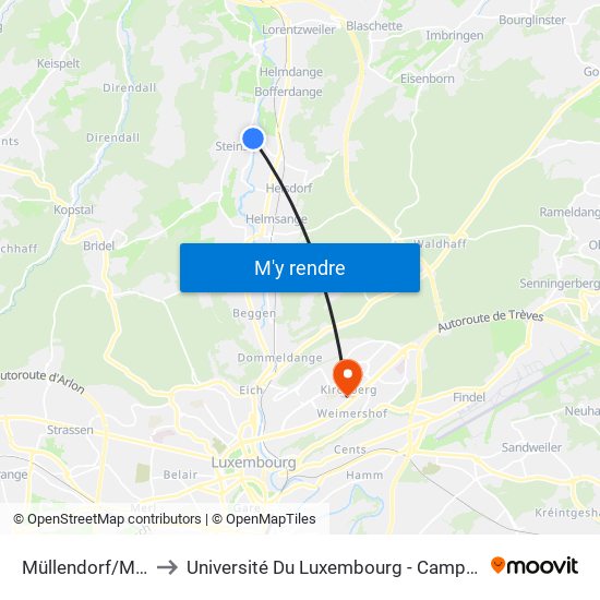 Müllendorf/Mëlleref to Université Du Luxembourg - Campus Kirchberg map