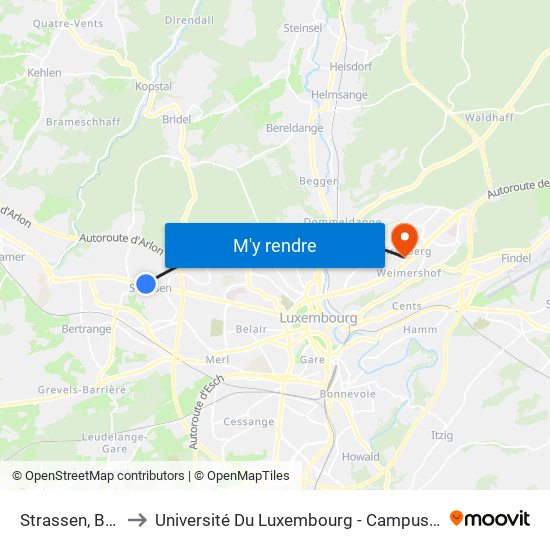Strassen, Barblé to Université Du Luxembourg - Campus Kirchberg map