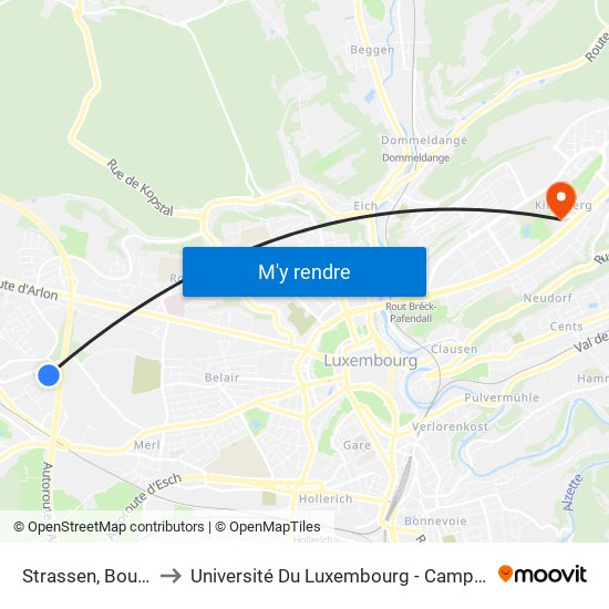 Strassen, Bourmicht to Université Du Luxembourg - Campus Kirchberg map