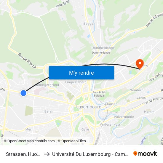 Strassen, Huorgarten to Université Du Luxembourg - Campus Kirchberg map