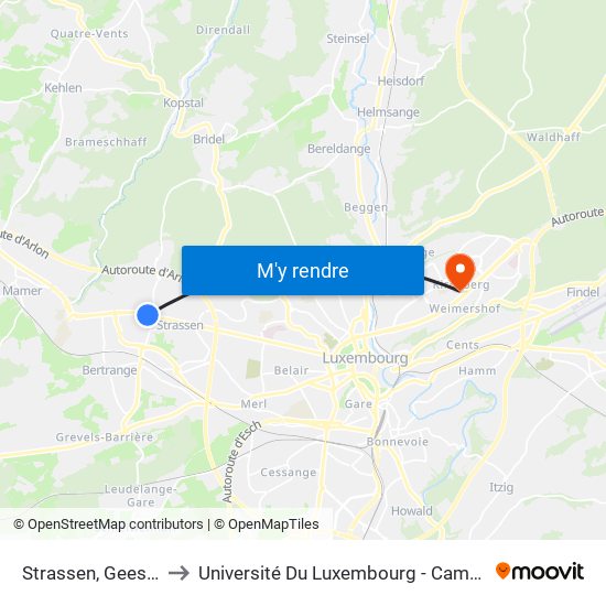 Strassen, Geesseneck to Université Du Luxembourg - Campus Kirchberg map