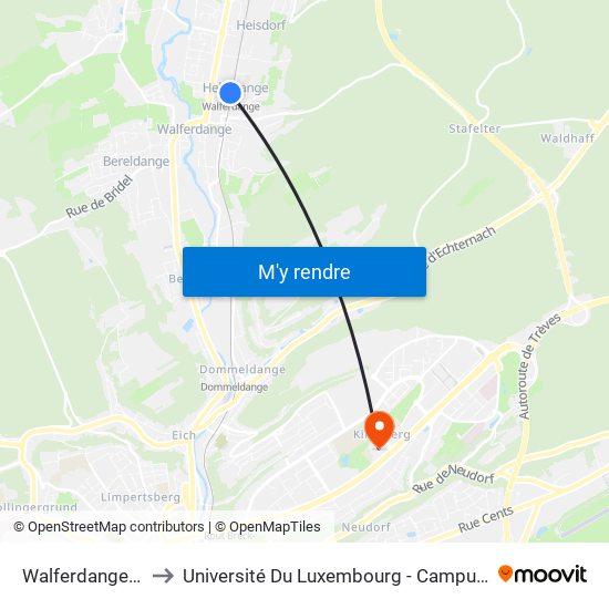 Walferdange, Gare to Université Du Luxembourg - Campus Kirchberg map