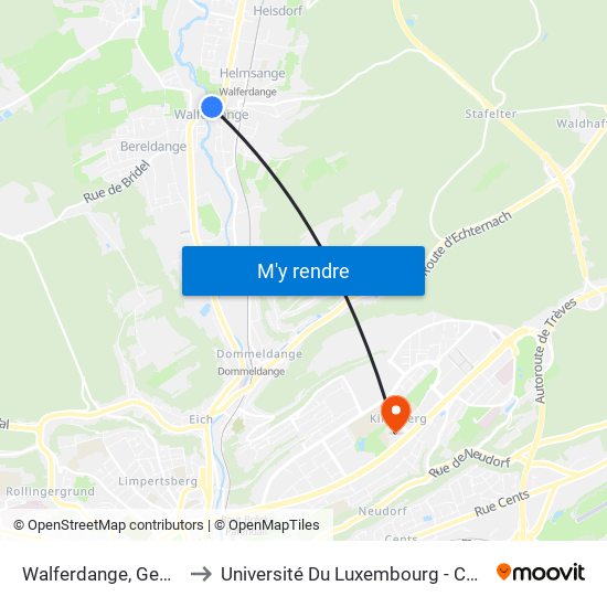 Walferdange, Gemenge Plaz to Université Du Luxembourg - Campus Kirchberg map