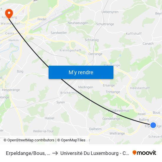 Erpeldange/Bous, Kräizgaass to Université Du Luxembourg - Campus Kirchberg map