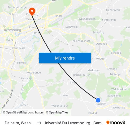 Dalheim, Waasserklapp to Université Du Luxembourg - Campus Kirchberg map