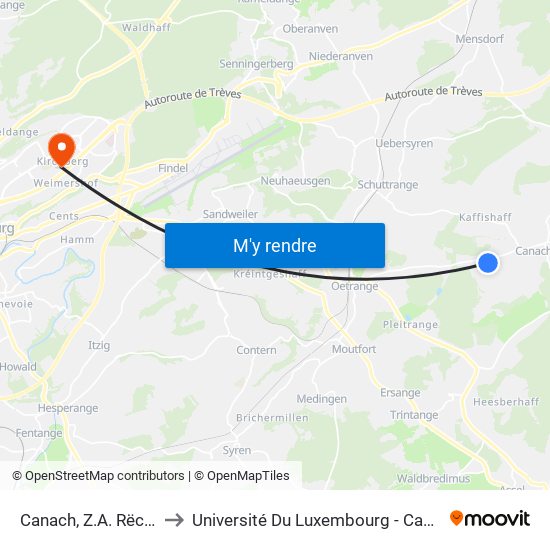 Canach, Z.A. Rëckschleed to Université Du Luxembourg - Campus Kirchberg map