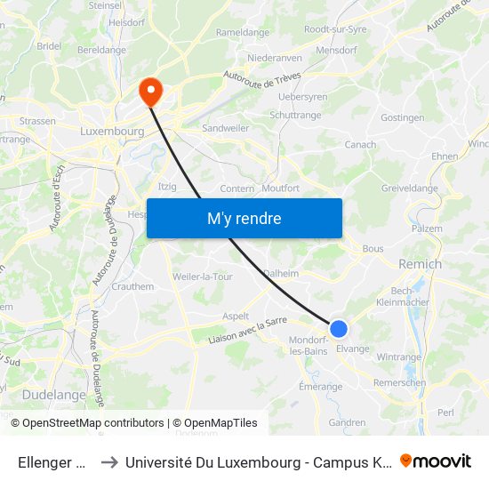 Ellenger Gare to Université Du Luxembourg - Campus Kirchberg map