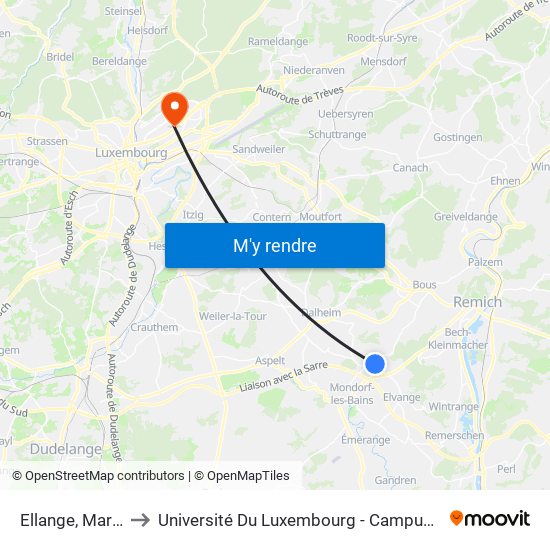 Ellange, Martialis to Université Du Luxembourg - Campus Kirchberg map