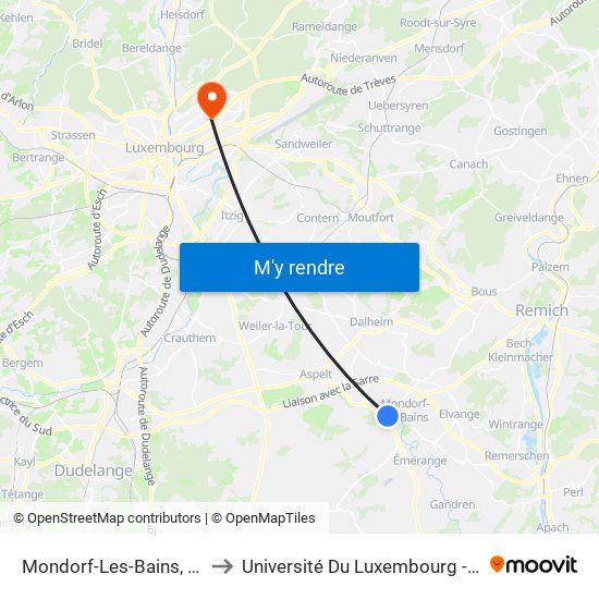 Mondorf-Les-Bains, Bei Der Douane to Université Du Luxembourg - Campus Kirchberg map