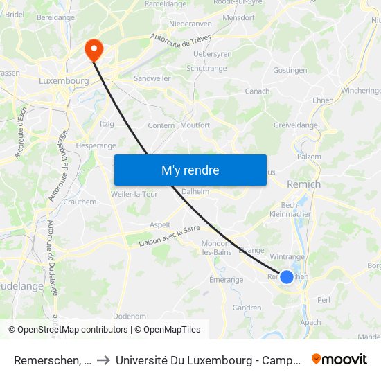 Remerschen, Kiosk to Université Du Luxembourg - Campus Kirchberg map