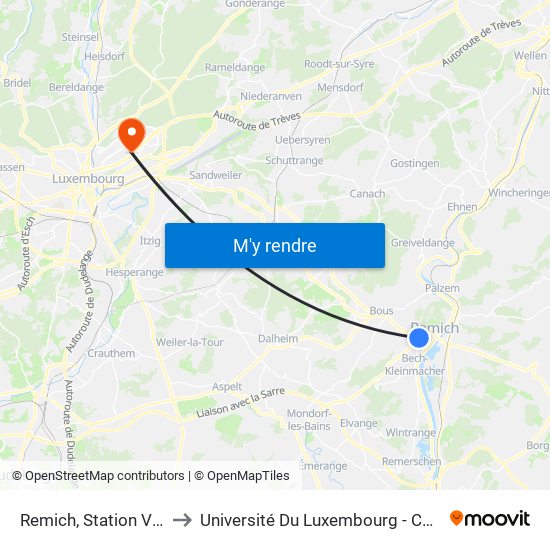 Remich, Station Viti-Vinicole to Université Du Luxembourg - Campus Kirchberg map