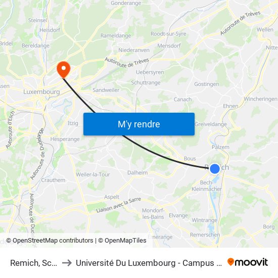 Remich, Schoul to Université Du Luxembourg - Campus Kirchberg map