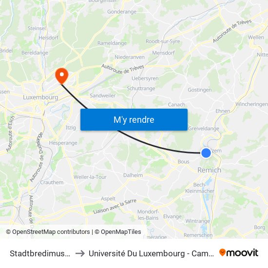 Stadtbredimus, Schoul to Université Du Luxembourg - Campus Kirchberg map