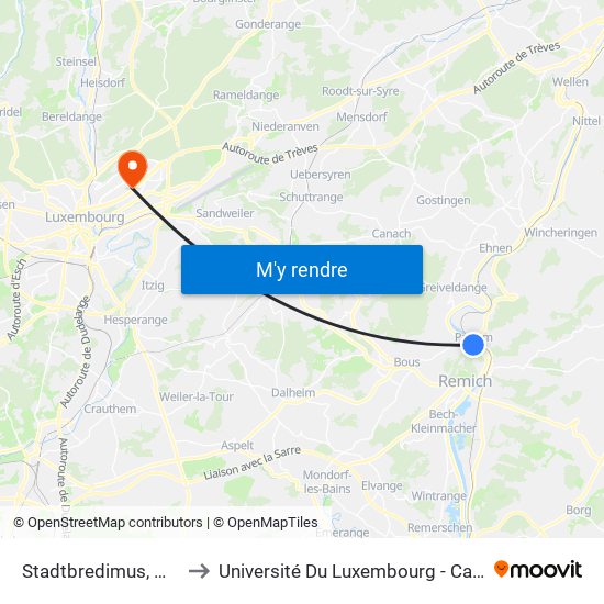 Stadtbredimus, Wandmillen to Université Du Luxembourg - Campus Kirchberg map