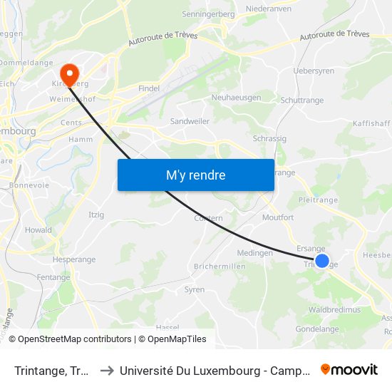 Trintange, Trenteng to Université Du Luxembourg - Campus Kirchberg map