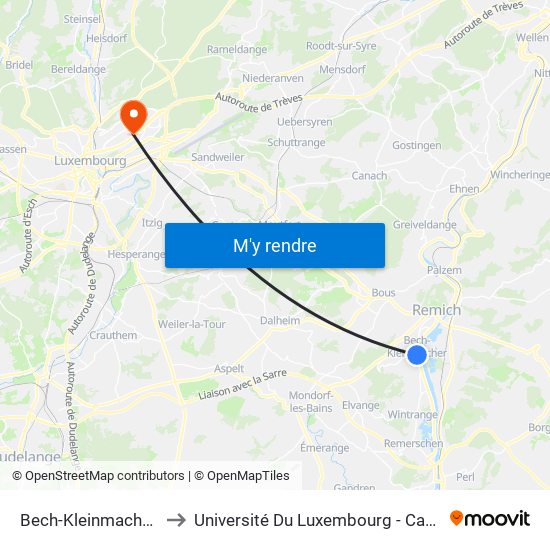Bech-Kleinmacher, Furwee to Université Du Luxembourg - Campus Kirchberg map