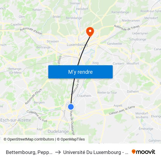 Bettembourg, Peppenger Schleid to Université Du Luxembourg - Campus Kirchberg map