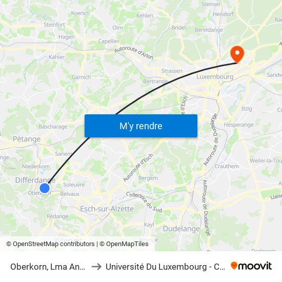 Oberkorn, Lma Annexe Jenker to Université Du Luxembourg - Campus Kirchberg map