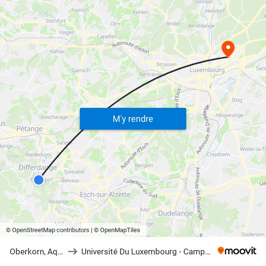 Oberkorn, Aquasud to Université Du Luxembourg - Campus Kirchberg map