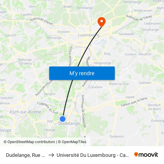 Dudelange, Rue Angeldall to Université Du Luxembourg - Campus Kirchberg map