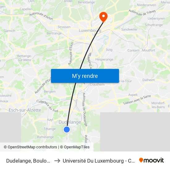 Dudelange, Boulodrome P&R to Université Du Luxembourg - Campus Kirchberg map