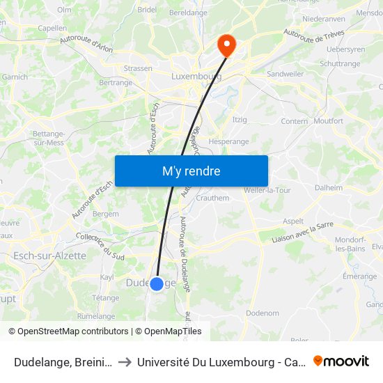 Dudelange, Breiningerbierg to Université Du Luxembourg - Campus Kirchberg map