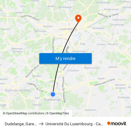 Dudelange, Gare-Burange to Université Du Luxembourg - Campus Kirchberg map