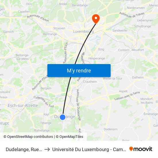 Dudelange, Rue Gaffelt to Université Du Luxembourg - Campus Kirchberg map