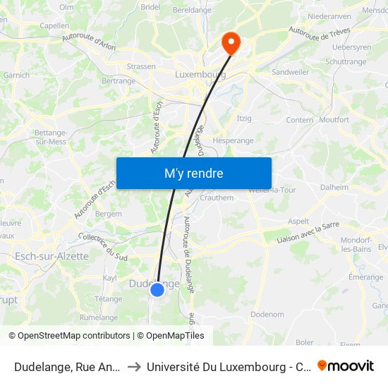 Dudelange, Rue Antoine Zinnen to Université Du Luxembourg - Campus Kirchberg map