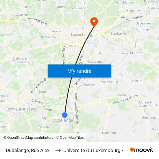 Dudelange, Rue Alexandre Fleming to Université Du Luxembourg - Campus Kirchberg map