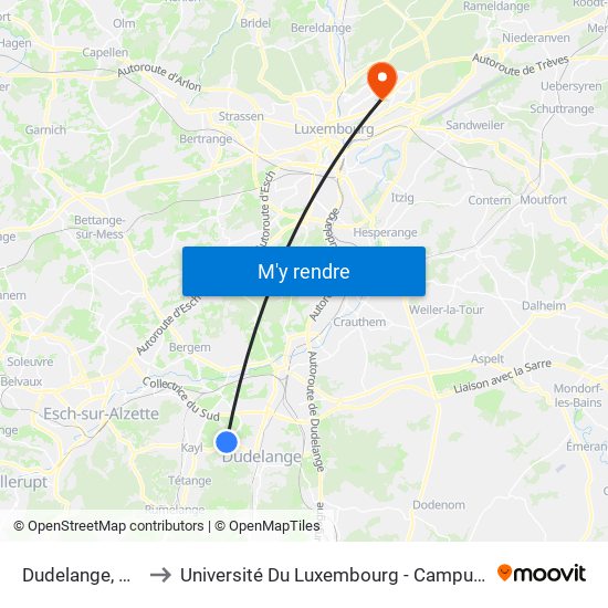 Dudelange, Scherr to Université Du Luxembourg - Campus Kirchberg map