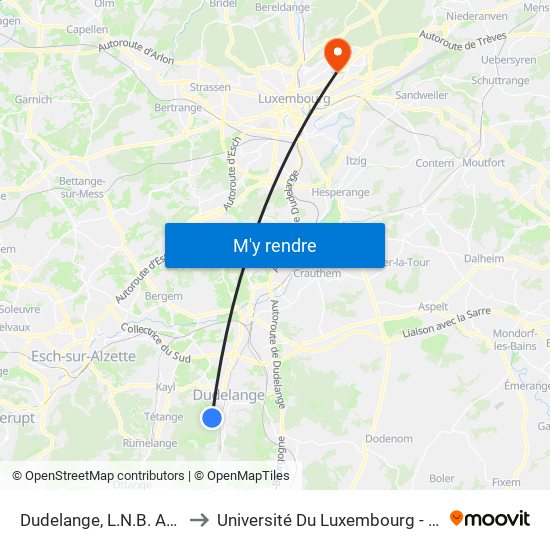 Dudelange, L.N.B. Annexe Alliance to Université Du Luxembourg - Campus Kirchberg map
