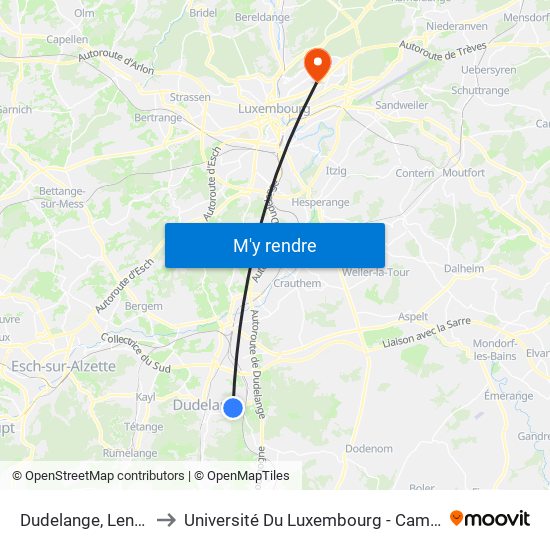 Dudelange, Lenkeschléi to Université Du Luxembourg - Campus Kirchberg map