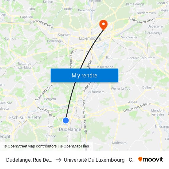 Dudelange, Rue Des Bobineurs to Université Du Luxembourg - Campus Kirchberg map