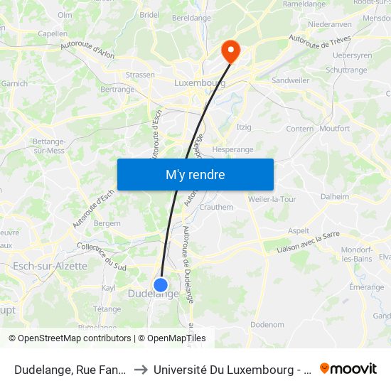 Dudelange, Rue Fany Schumacher to Université Du Luxembourg - Campus Kirchberg map