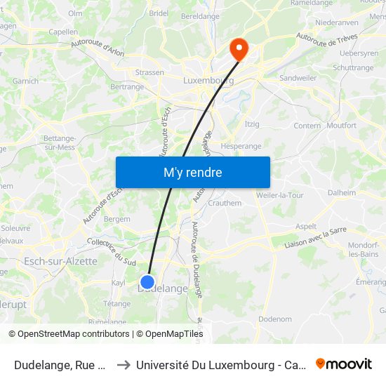 Dudelange, Rue Schortgen to Université Du Luxembourg - Campus Kirchberg map