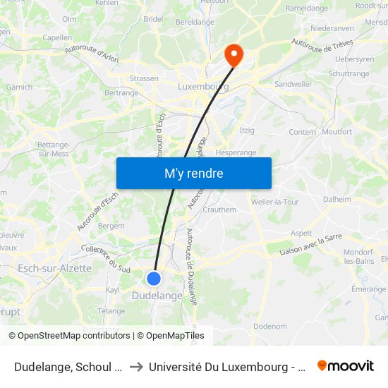 Dudelange, Schoul Ribeschpont to Université Du Luxembourg - Campus Kirchberg map
