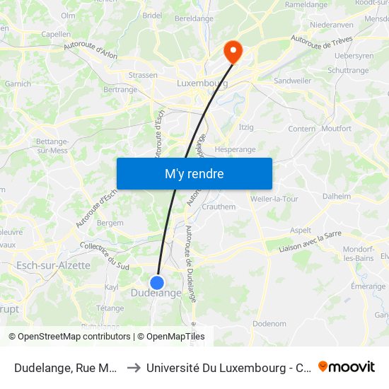 Dudelange, Rue Marcel Schmit to Université Du Luxembourg - Campus Kirchberg map