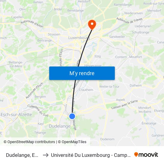 Dudelange, Eurohub to Université Du Luxembourg - Campus Kirchberg map