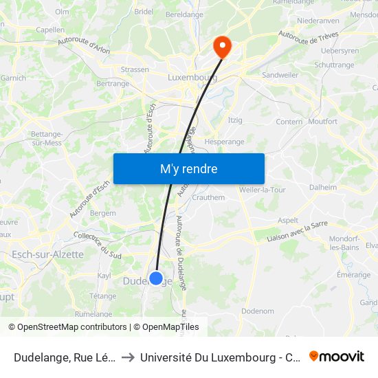 Dudelange, Rue Léon Weyrich to Université Du Luxembourg - Campus Kirchberg map