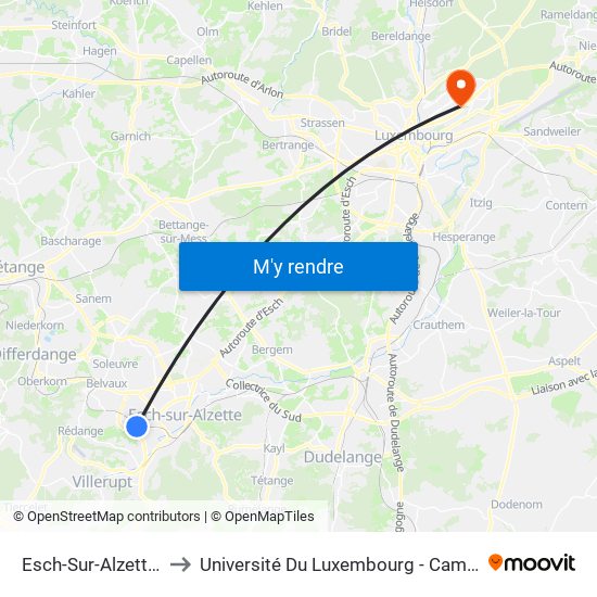 Esch-Sur-Alzette, Belval to Université Du Luxembourg - Campus Kirchberg map