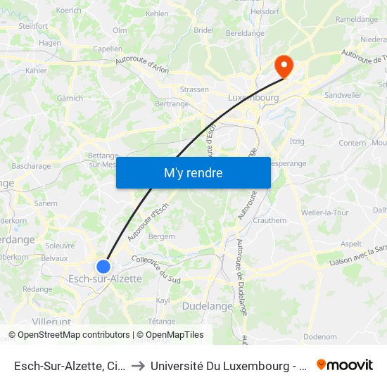 Esch-Sur-Alzette, Cinquantenaire to Université Du Luxembourg - Campus Kirchberg map