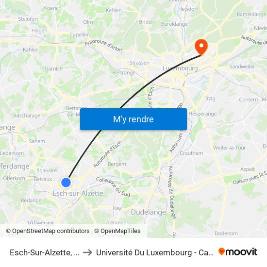 Esch-Sur-Alzette, Cité Verte to Université Du Luxembourg - Campus Kirchberg map